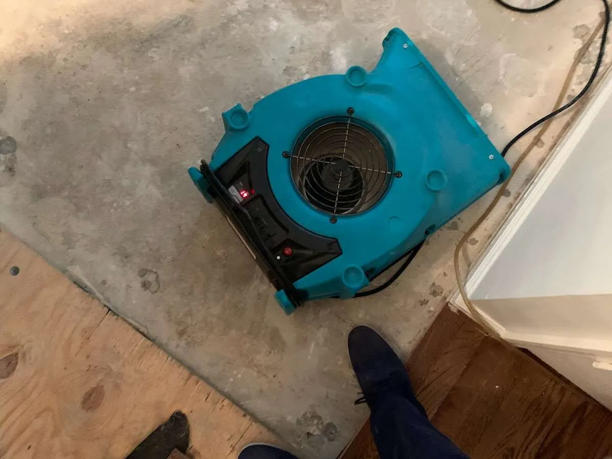Air mover drying subfloor during Leak Detection & Repair in Cramerton